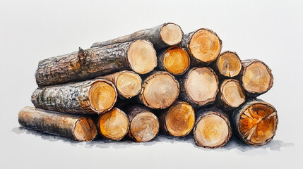 watercolor painting of stacked firewood logs
