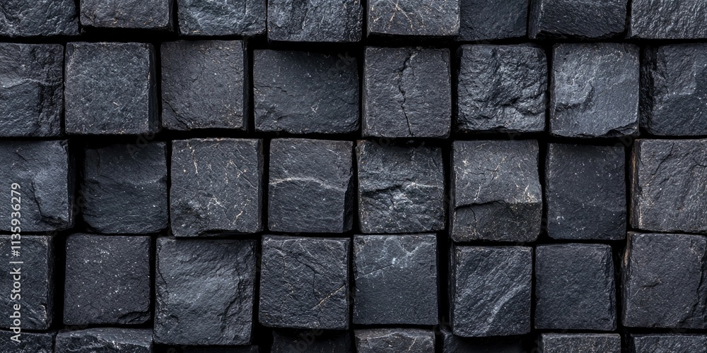 Poster deep earth analysis concept. a close-up view of textured, dark stone blocks arranged in a grid patte