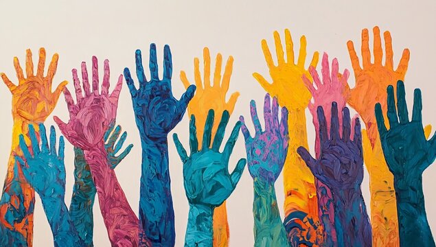 Vibrant Colorful Hands Raised in Unity, Diverse Group, Painted Art