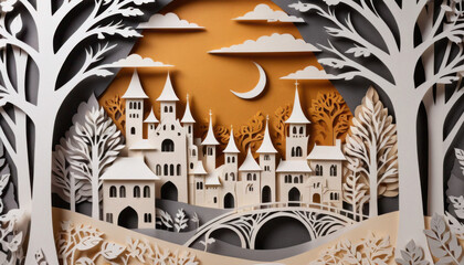Obraz premium Intricate paper art of a castle landscape with trees and a bridge in warm autumn colors