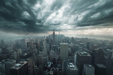 Fototapeta premium A view from above of a city skyline with dark, stormy clouds overhead, A dense city skyline with layers of buildings stretching into the distance under a stormy sky