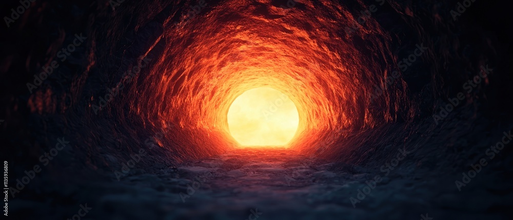 Poster deep earth analysis concept. a glowing light emanates from a dark tunnel, creating a dramatic contra