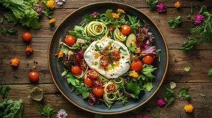 Delicious Burrata Salad with Zucchini Noodles and Colorful Flowers