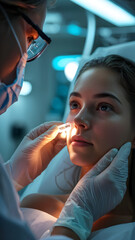 Close-up portrait, young female, radiant skin, soft diffused lighting, doctors in sterile gloves examining face, focused expressions of professionalism, care, preparing for plastic surgery