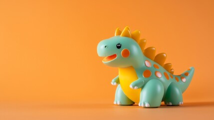 Fototapeta premium a 3D toy dinosaur with a bright green body - orange background with copyspace for text
