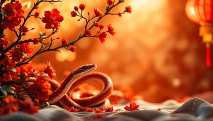 Chinese New Year. Red rat snake on a background of red flowers