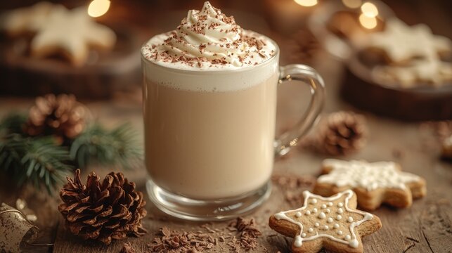 a warm creamy white chocolate latte on a christmas background