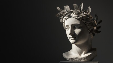 white sculpture bust with a leaf crown on a black background
