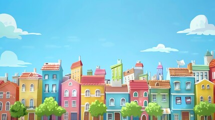 A cartoon illustration of a colorful town under a blue sky with white clouds.