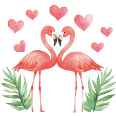 Obraz premium Watercolor Flamingos with Hearts and Tropical Leaves