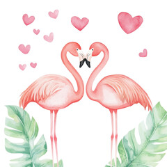 Obraz premium Watercolor Flamingos with Hearts and Tropical Leaves