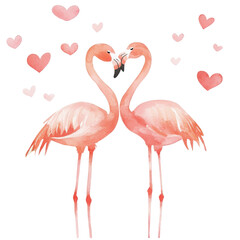 Fototapeta premium Watercolor Flamingos with Hearts and Tropical Leaves