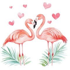 Fototapeta premium Watercolor Flamingos with Hearts and Tropical Leaves