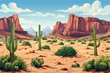 Selbstklebende Fototapeten A desert landscape with red cliffs, sand dunes, and cacti, A desert landscape with cacti and sand dunes © Iftikhar alam
