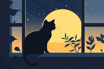 A silhouette of a cat sitting on a windowsill, gazing at a large moon and starry sky.