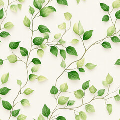 Lush green leaves create seamless pattern, showcasing various shades of green on light background, perfect for nature inspired designs