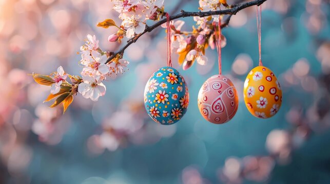 colorful painted easter eggs hanging from a tree branch