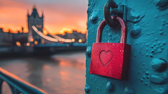 Love lock on a bridge at sunset, romantic atmosphere, with blurred background