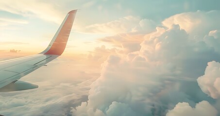 Wing of an airplane flying above the clouds at sunset