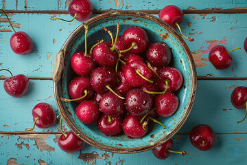 A bowl of cherries is sitting on a wooden table