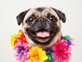close up of pug wearing colorful lei