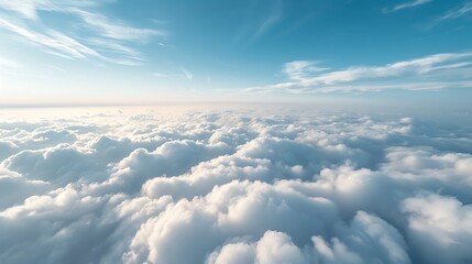 Wing of an airplane flying above the clouds at sunset
