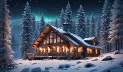 Fototapeta premium Cozy Winter Cabin in Snowy Forest Northern Lights