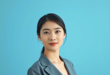 Half-length portrait of an Asian woman with a neutral expression
