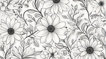 Monochrome Floral Pattern Featuring Daisies and Delicate Leaves