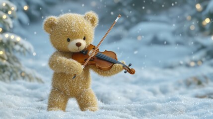 Cute teddy bear playing violin in snowy winter forest.