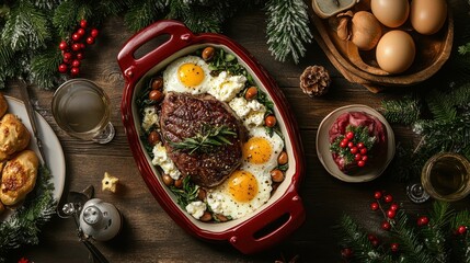 Ribeye cap with poached eggs rustic kitchen gourmet dish festive atmosphere overhead view culinary delight