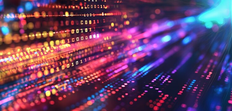 An abstract technology background featuring flowing digital streams of binary code in vibrant colors, illustrating the constant flow of information in the digital age.