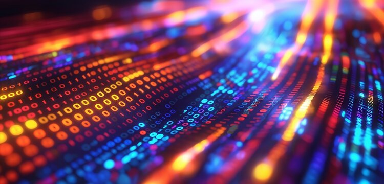 An abstract technology background featuring flowing digital streams of binary code in vibrant colors, illustrating the constant flow of information in the digital age.