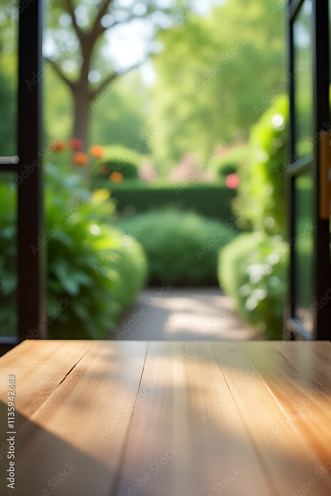 Poster wooden tabletop blends with blurred glass and vibrant greenery in a serene view from an adjacent gar