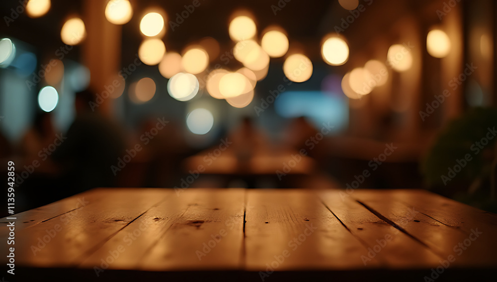 Poster wood table top with blurred light bokeh in dark background of a cafe at night atmosphere shines soft