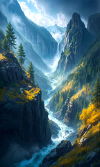 Majestic Mountain River Flowing Through Autumn Landscape