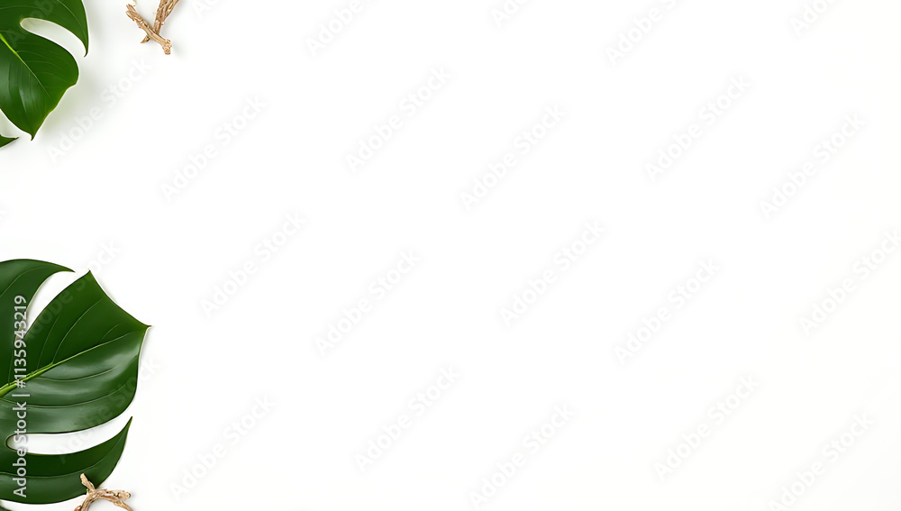 Poster white background features tropical leaves with natural elements evoking a sense of summer freshness 