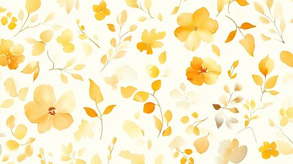 Watercolor Floral Pattern Yellow Flowers Leaves Design