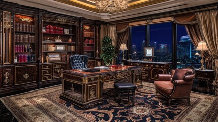 Obraz premium Luxurious home office with city view at night, featuring ornate furniture, bookshelves, and a large desk.