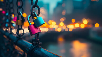 Colorful love locks on a bridge at twilight, romantic atmosphere, blurred city lights in the background
