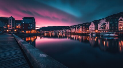 Fototapeta premium Vibrant sunset reflecting on calm water, colorful buildings line waterfront.