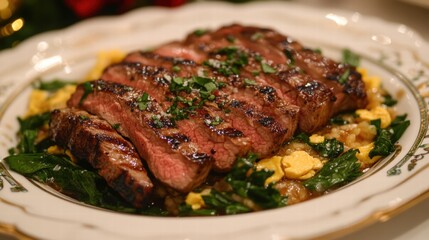 Sizzling strip loin with egg drop soup festive dining table exquisite cuisine cozy atmosphere close-up culinary delight