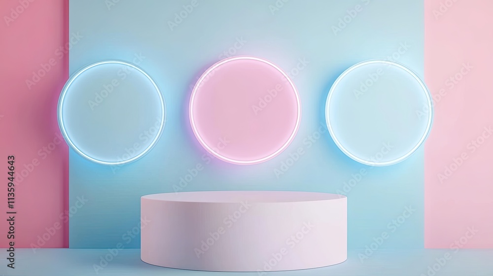 Poster pastel background with neon circles and display platform