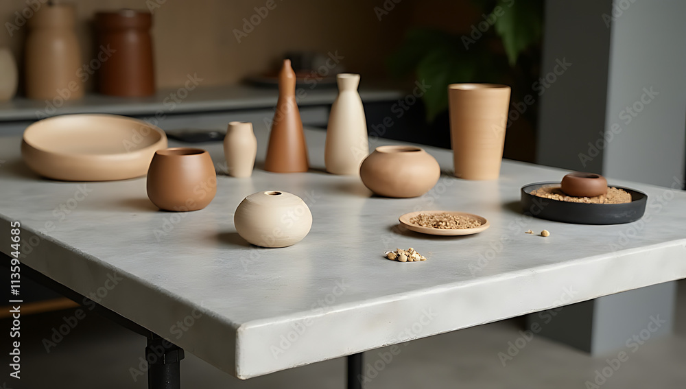 Poster the tabletop has a cement surface that showcases products, serving as a selective focus display plat