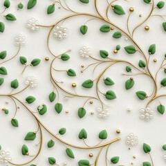 Elegant floral pattern with green leaves, white flowers, and golden accents, creating harmonious and sophisticated design. Perfect for backgrounds and textiles