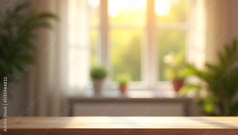 Poster The selective focus is on a wood table counter with a blurred curtain and window in the morning light for a product display montage._00002_