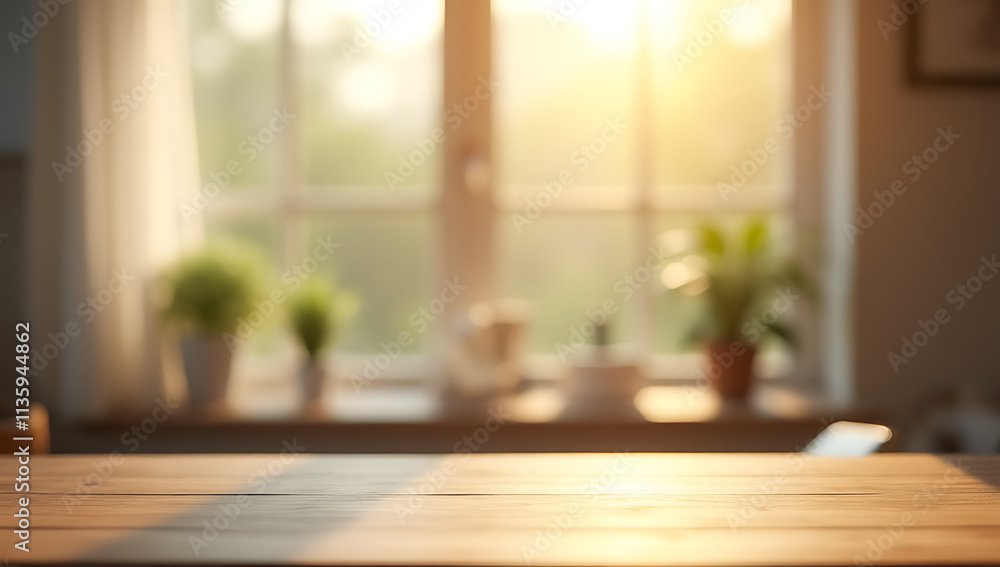 Aufkleber the selective focus is on a wood table counter with a blurred curtain and window in the morning ligh