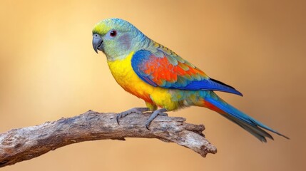 Vibrant multicolored parrot perched on a weathered branch against a soft, warm background.