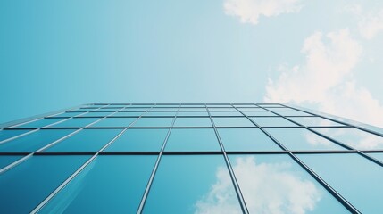 Obraz premium A modern glass building reflecting the sky and clouds, viewed from below.