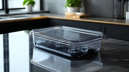 Transparent Food Box Mockup showcases a sleek, modern design set against a stylish kitchen backdrop, highlighting its clarity, functionality, and elegance.